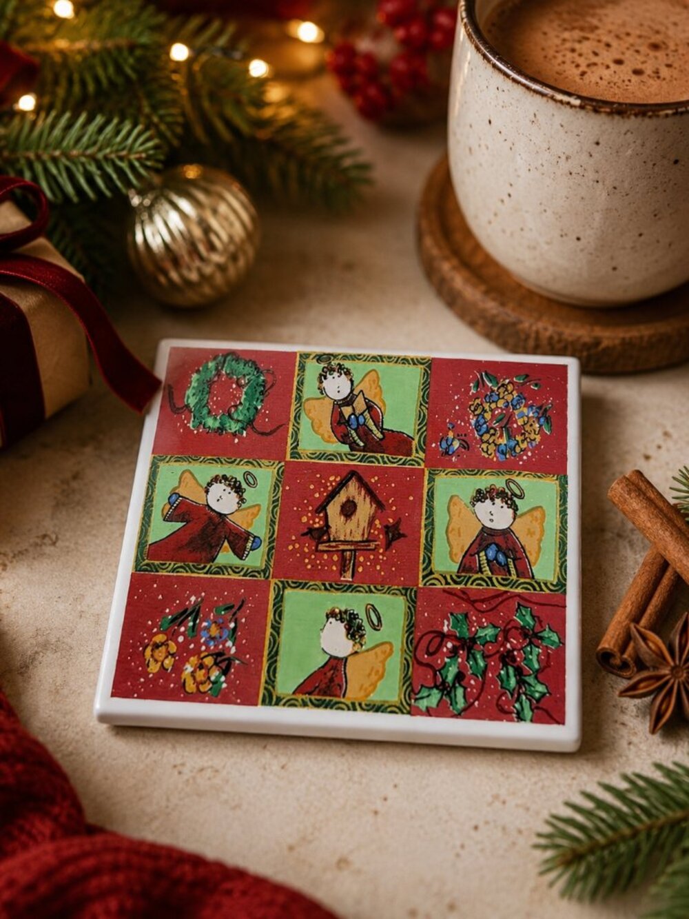 Christmas Ceramic Coaster Angel Holly Wreath Holiday Decor